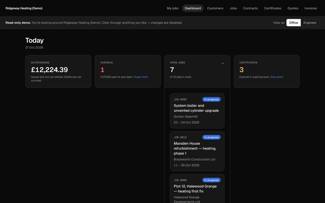 devHatch dashboard for a demo heating company: £12,224.39 outstanding, one overdue invoice, three certificates expiring, and the Open jobs card expanded to list in-progress jobs with customer and dates