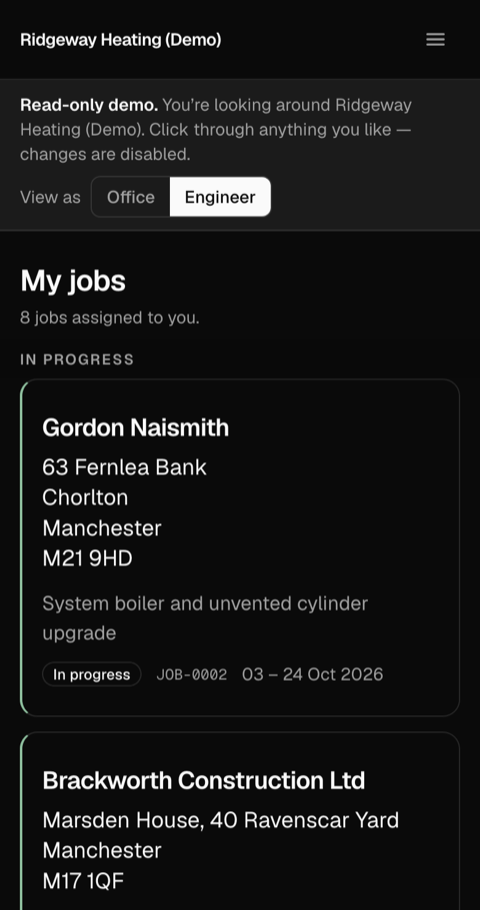 Engineer view of My jobs on a phone: 8 jobs assigned, with an in-progress job card showing the customer, site address, job description, job number and dates